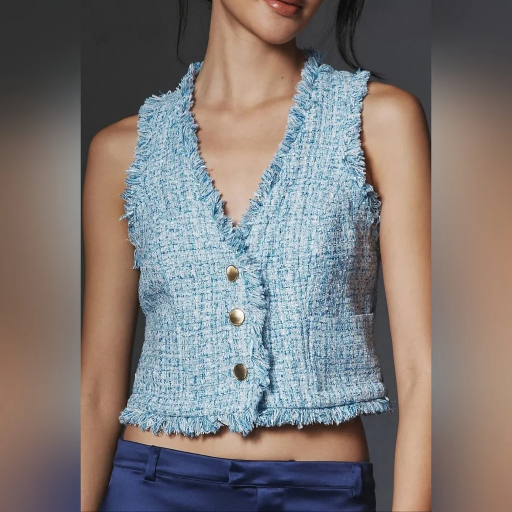 Anthropologie Maeve Blue Tweed Shell Vest - Picture 3 of 8
